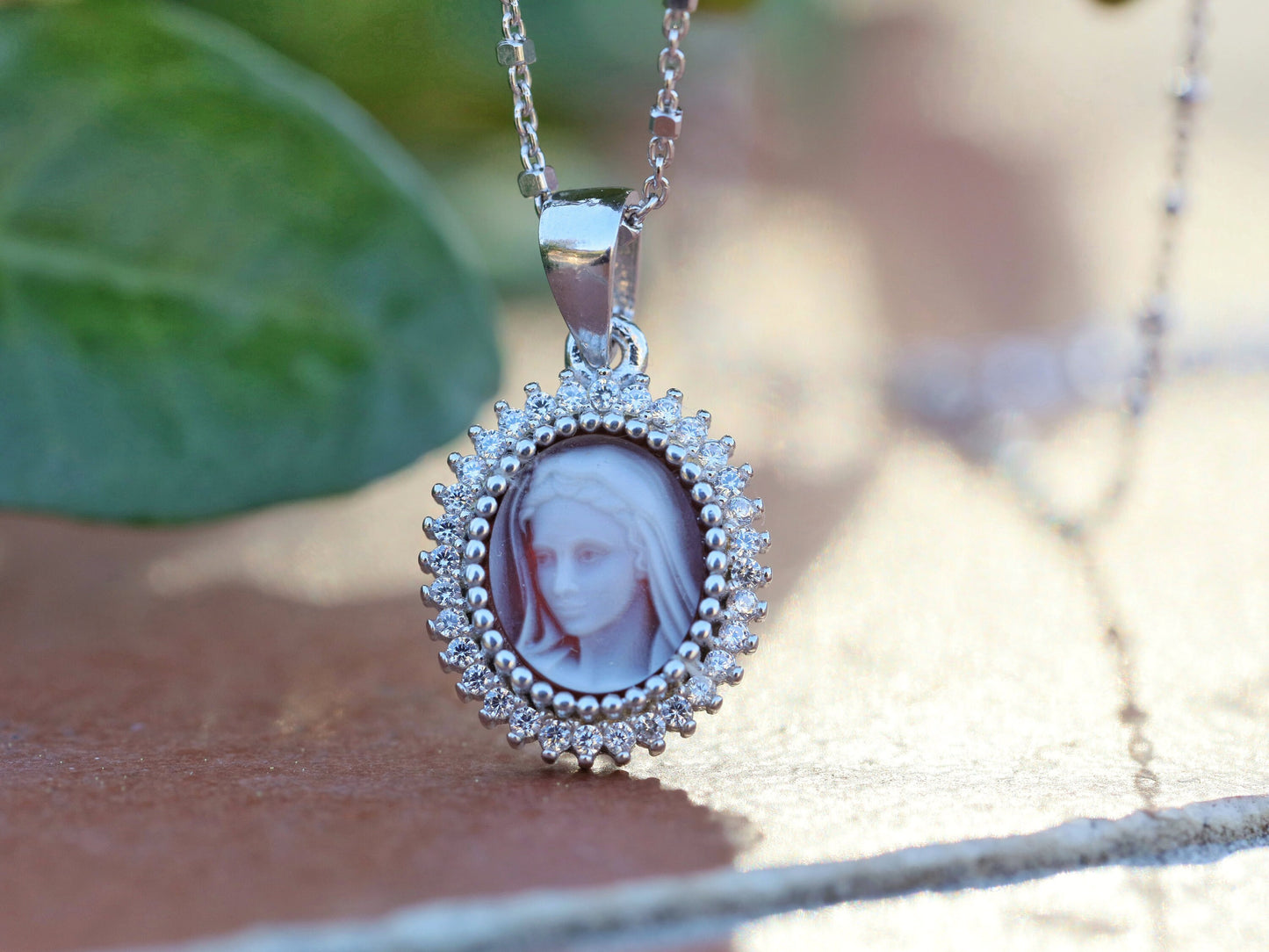 Medjugorje cameo medal, sterling silver 925, Queen of Peace charm, Virgin Mary necklace with stones, cubic zirconium miniature pendant