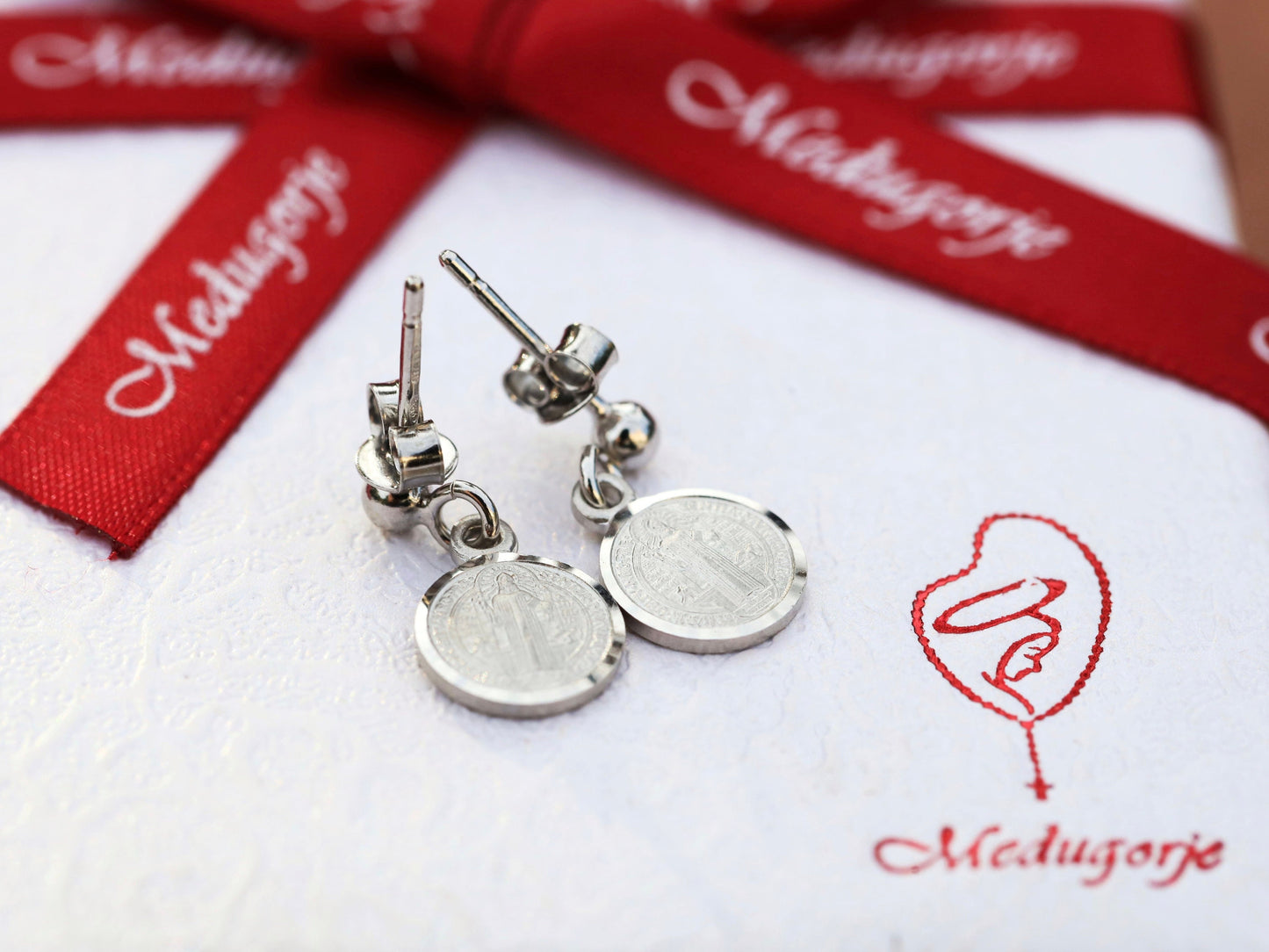 Dainty Saint Benedict earrings, sterling silver earrings for teenage , catholic medal earrings, St Benedict cross earrings, gift for baptism