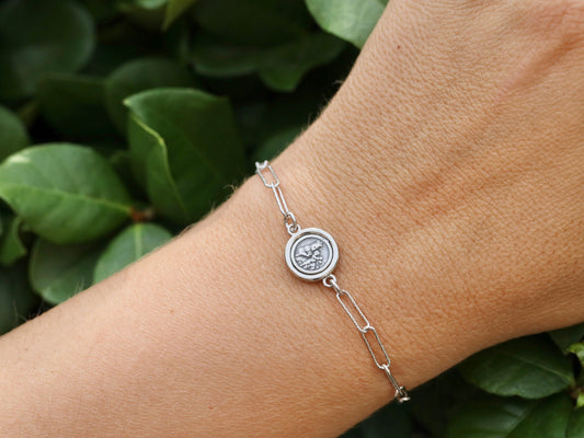 Pulsera escapulario PAPERCLIP, plata de primera ley 925, talla diamante, pulsera escapulario marrón, Sagrado Corazón de Jesús y Nuestra Señora del Carmen