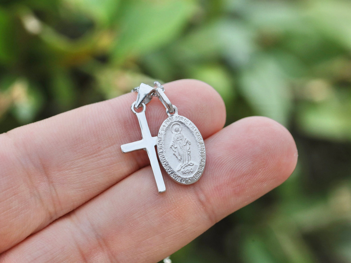 Dainty necklace with cross and Miraculous Medal, Miniature cross Miraculous Medal silver necklace, small cross Miraculous medal necklace