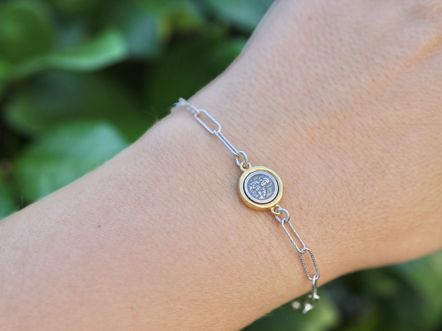 PAPERCLIP Pulsera escapulario, plata de ley 925, medalla escapulario chapada en oro, medalla escapulario aspecto retro, Sagrado Corazón y Monte Carmelo BRACALET