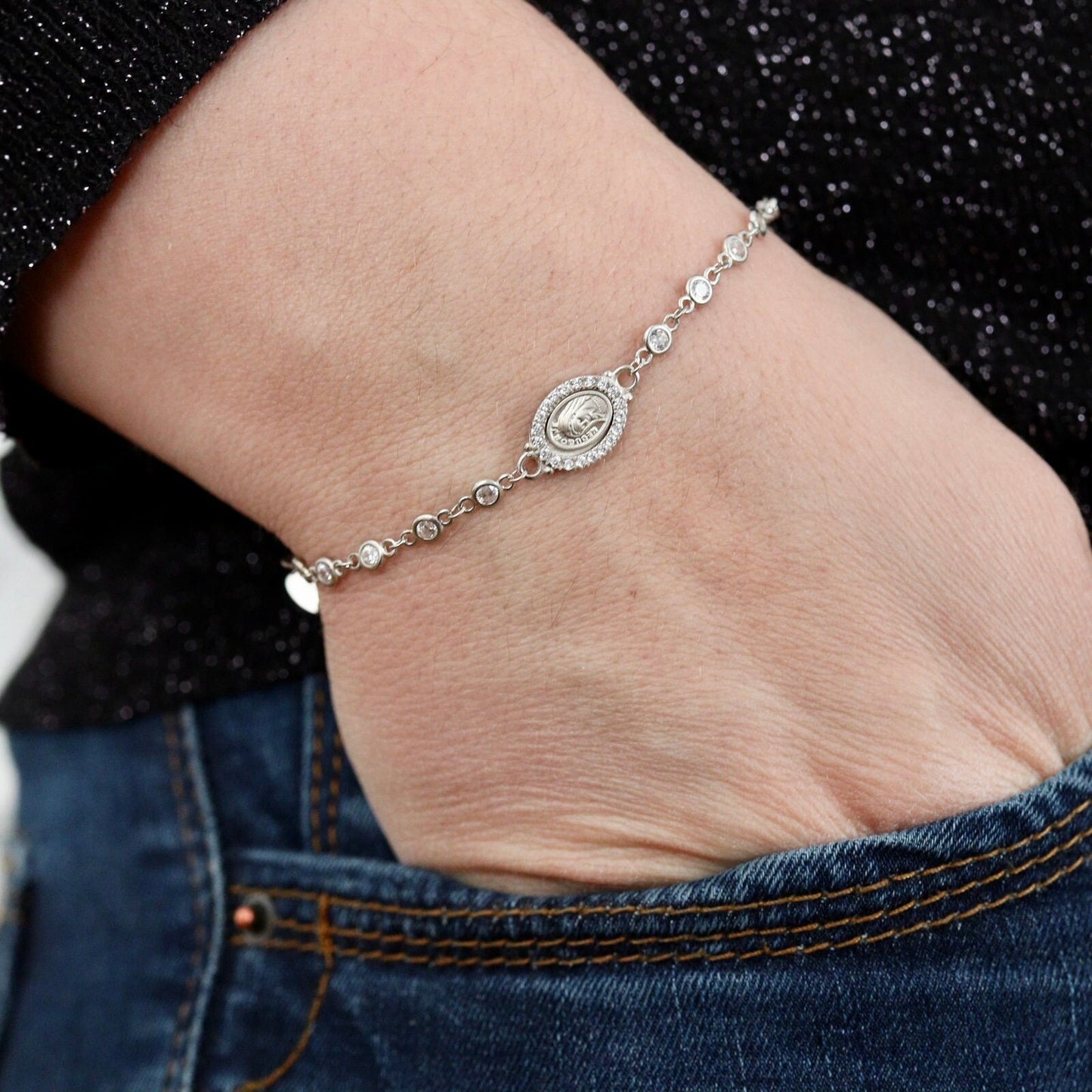Pulsera de rosario de circonita cúbica de plata de ley para mujer, rosario de Medalla Milagrosa, rosario de Reina de la Paz, pulsera de rosario de Virgen María de Gracia