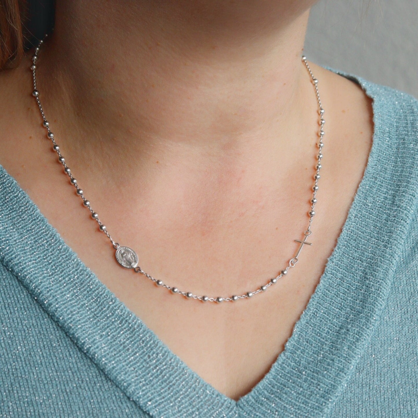 Collar de cuentas de rosario para mujer collar de rosario de plata, collar de medalla milagrosa, collar de 18 pulgadas, collar de cuentas de la Virgen María