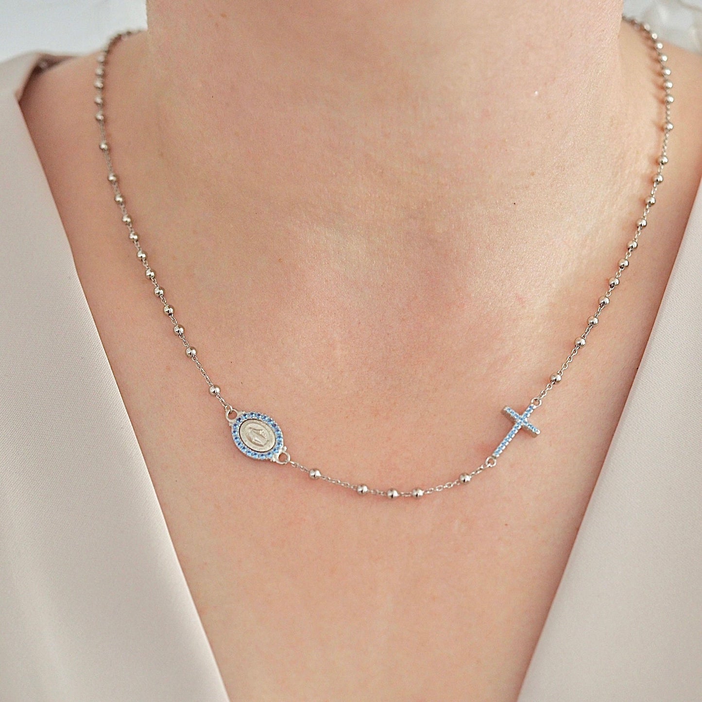Collar de rosario medalla milagrosa, collar de rosario de plata de ley 925 con circonio azul, collar de rosario de Medjugorje, cruz azul Nuestra Señora de Gracia