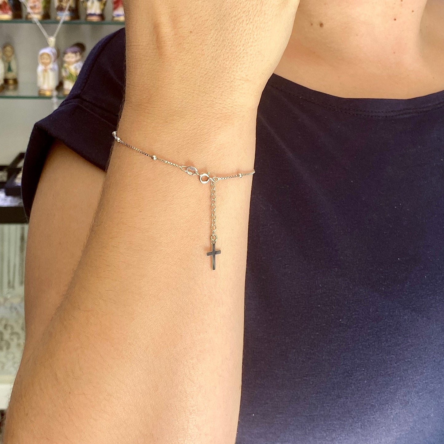 Pulsera de rosario de plata de ley para mujer, pulsera de rosario con cuentas, pulsera de cuentas de rosario de una década, pulsera de rosario delicado con cruz