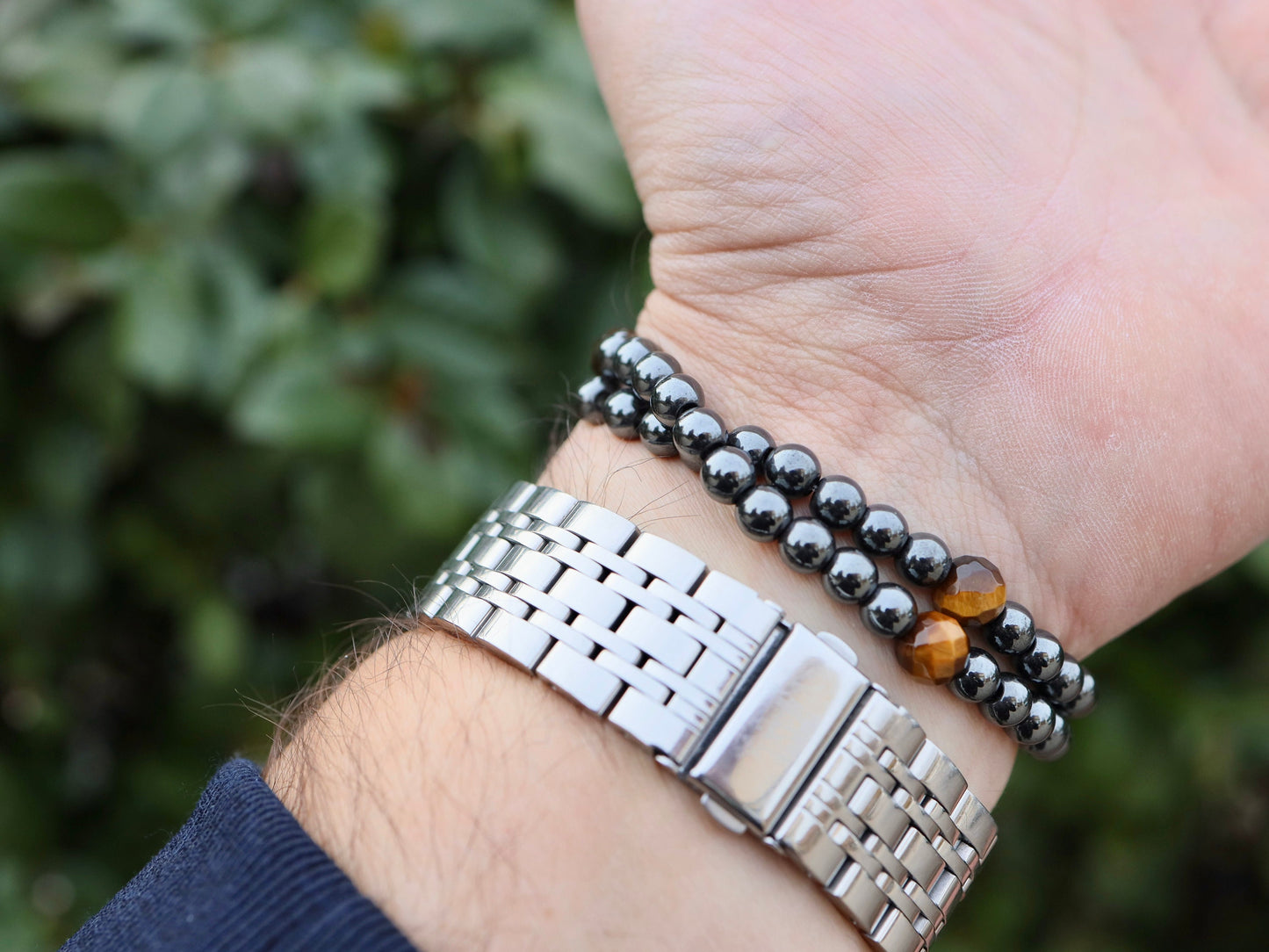 Pulsera de rosario doble, pulsera de rosario de San Benito, pulsera de cuentas de rosario negro de cinco décadas, pulsera doble de cuentas de rosario de hematita