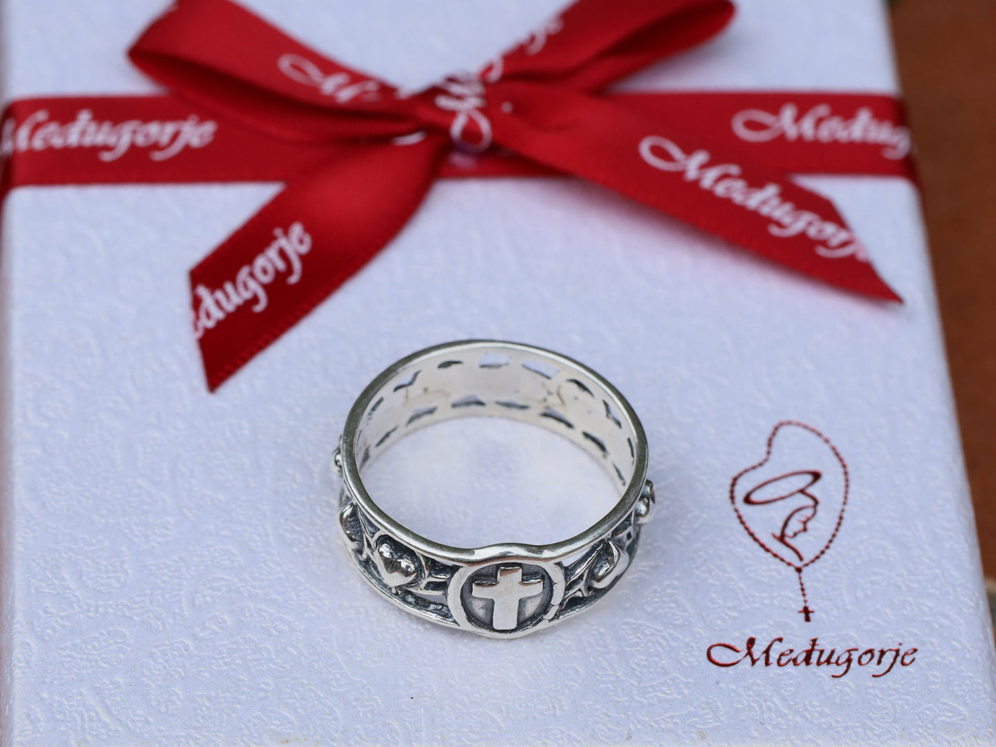 Anillo rosario, anillo rosario con corazones, rosario plata 925, anillo cruz vintage, anillo plata antigua con cruz, anillo oración