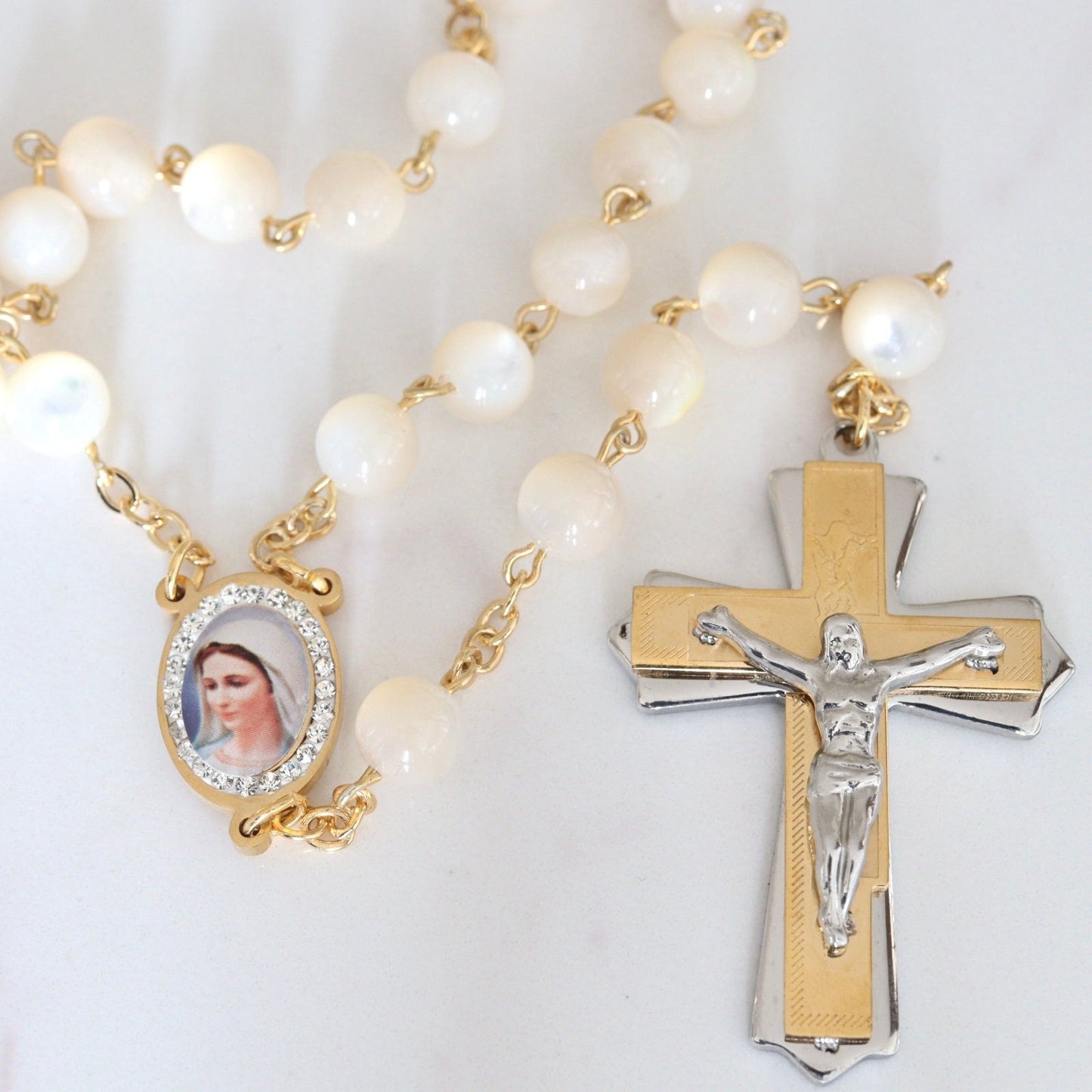 Rosario de nácar, acero inoxidable, rosario lleno de oro, cuentas de rosario católico, regalo para mujeres, rosario precioso, rosario chapado en oro