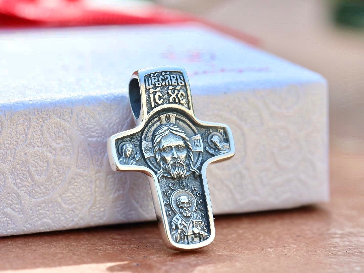 Cruz de la Santísima Faz, cruz de plata de ley para hombre, cruz bizantina, cruz no creada con mano humana, Juan Bautista, San Nicolás, Pokrov
