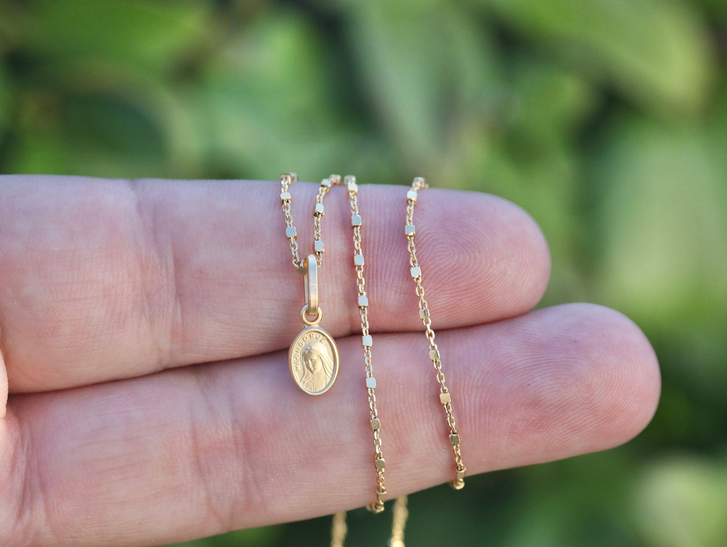 Miniature Medjugorje gold plated sterling silver medal necklace,necklace pendant with dainty medal of Our Lady of Medjugorje, Queen of Peace