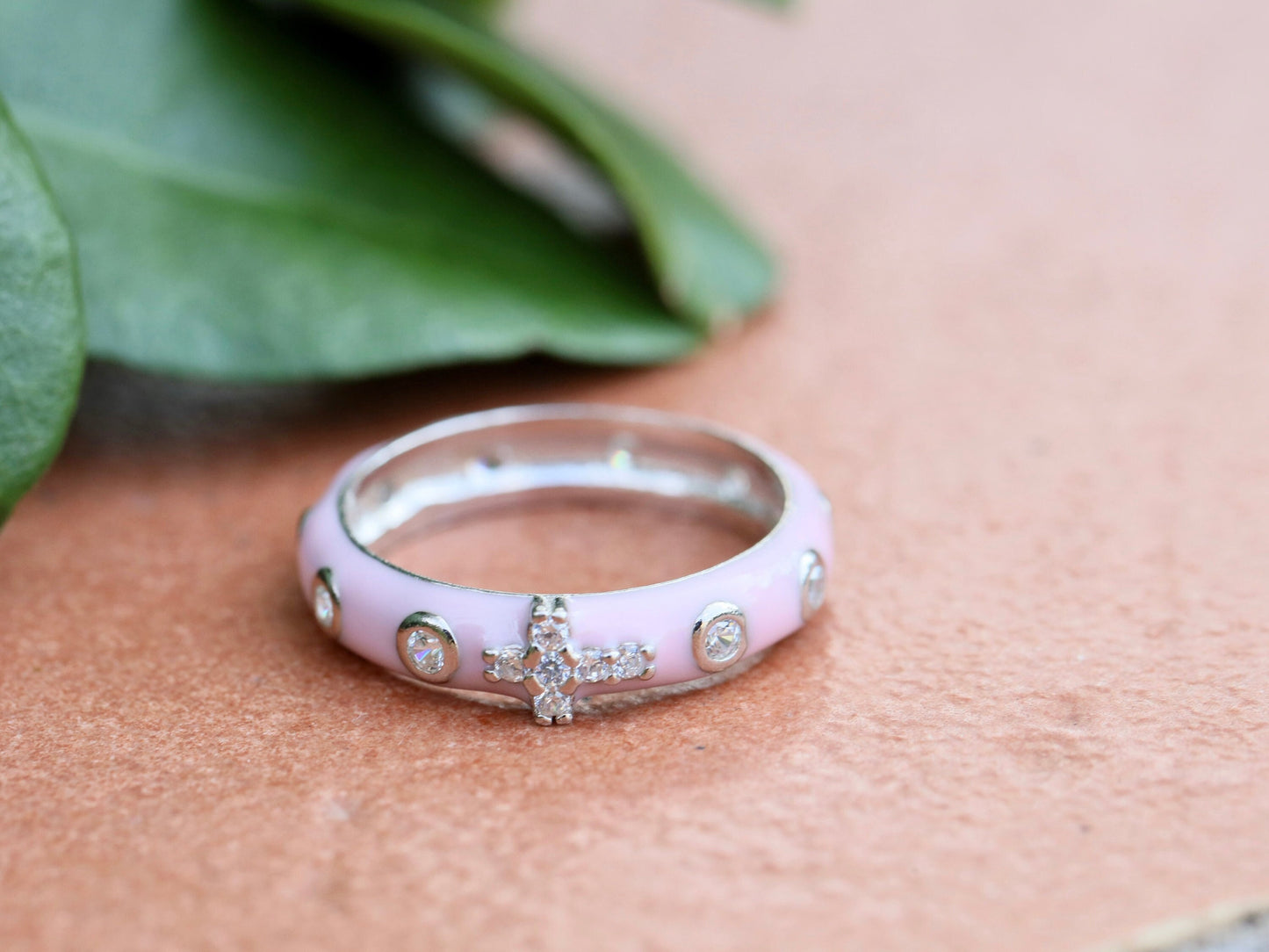 Anillo rosario, anillo rosario de plata, anillo rosario de plata de ley con circonio cúbico, anillo con cruz, anillo rosario de esmalte rosa para niñas