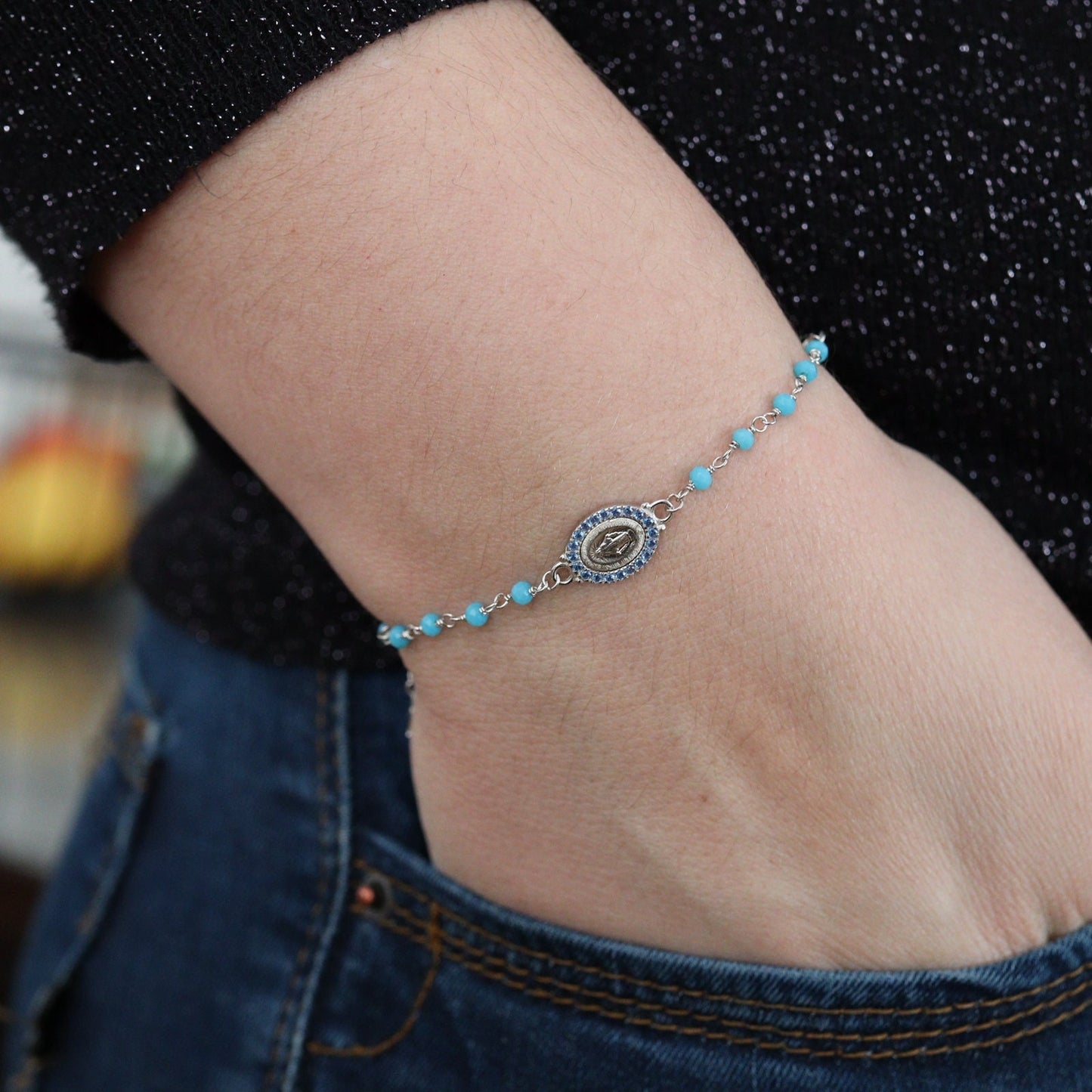 Pulsera de cuentas de rosario turquesa para mujer, pulsera de rosario de plata de ley, pulsera de rosario Medalla Milagrosa, pulsera de cuentas de rosario delicado