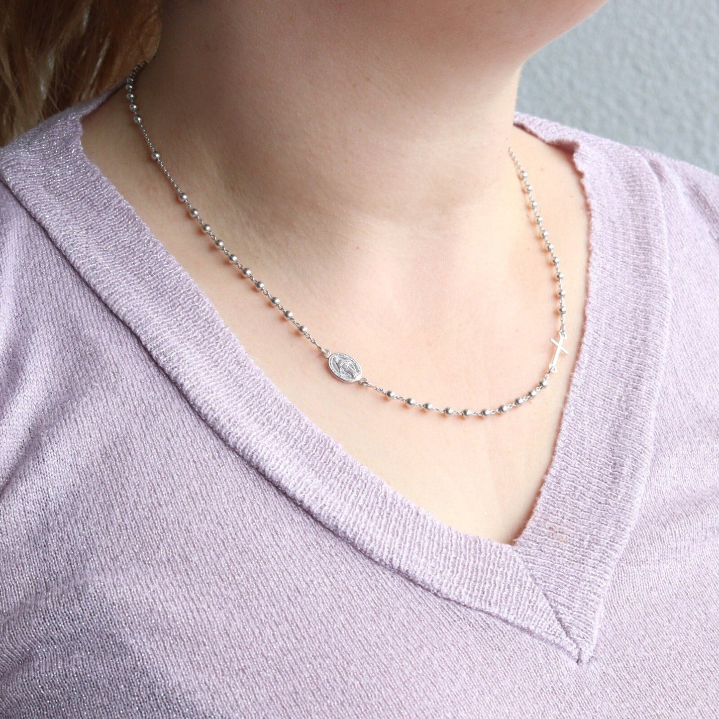 Collar de rosario para mujer, rosario de plata de ley 925 de 19 pulgadas, collar minimalista, collar de cruz de Medalla Milagrosa, collar católico delicado