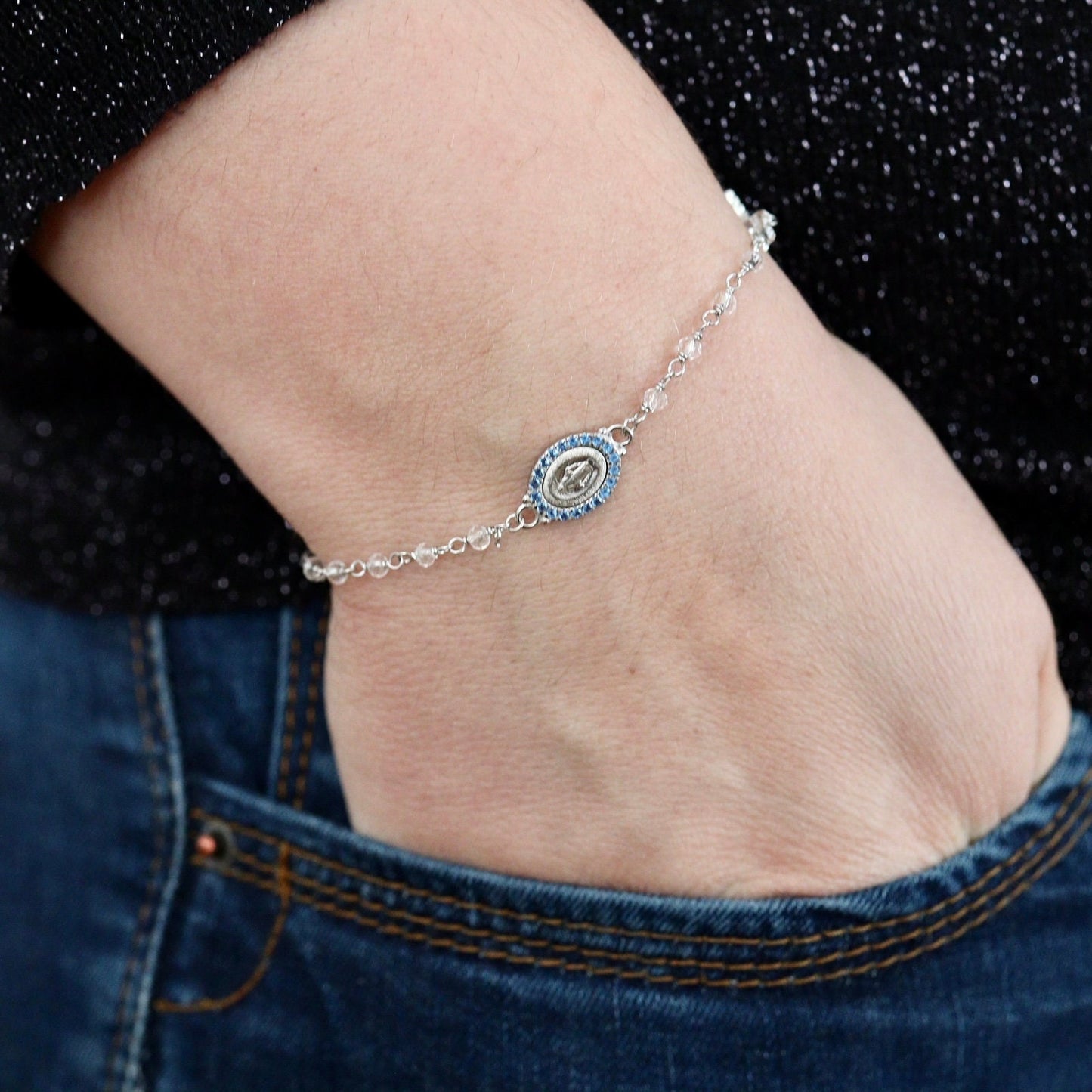 Pulsera de rosario de plata de ley para mujer con medalla milagrosa, pulsera de cuentas de rosario para damas, pulsera de cuentas de rosario de cristal delicado