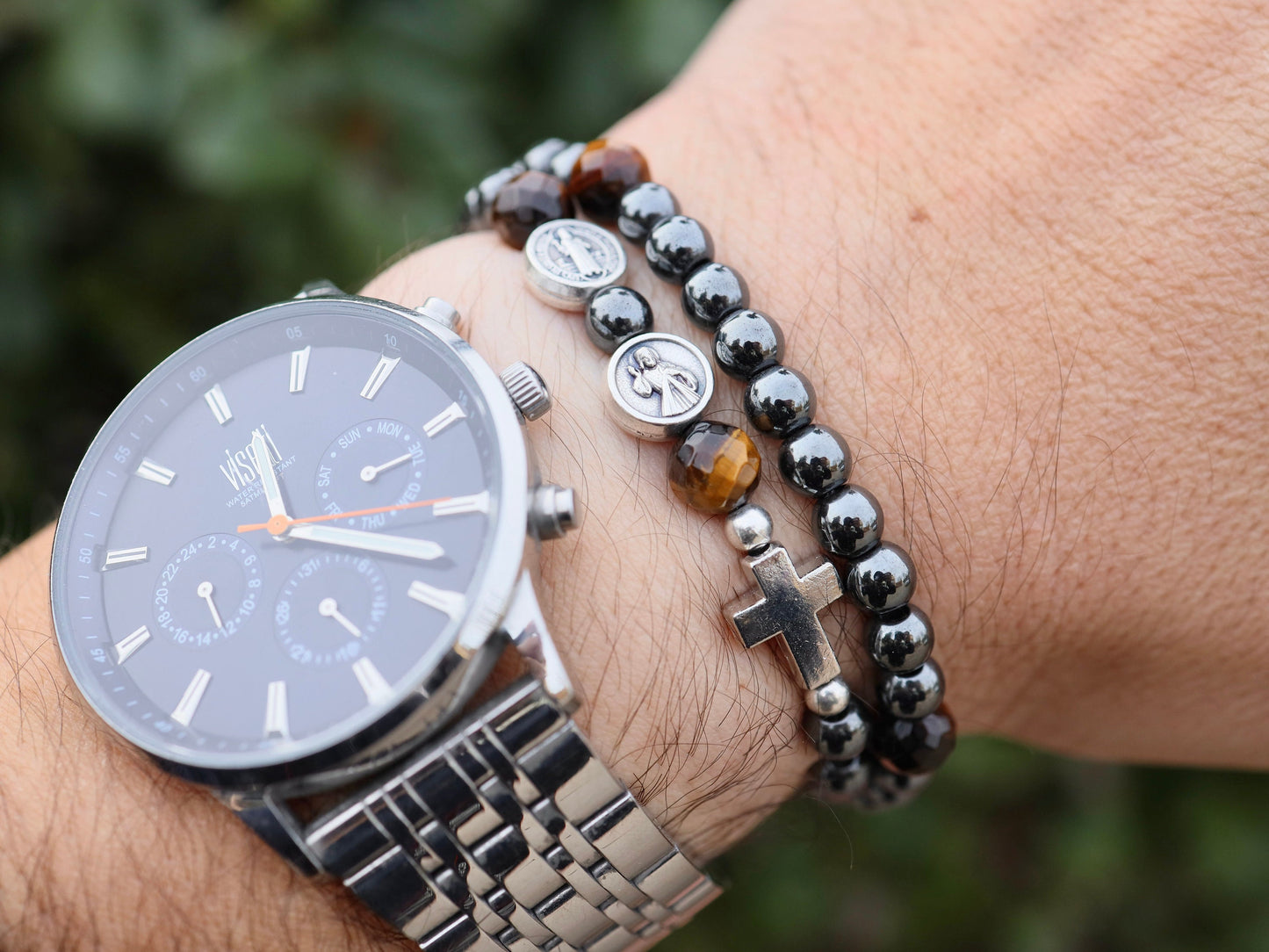 Pulsera de rosario doble, pulsera de rosario de San Benito, pulsera de cuentas de rosario negro de cinco décadas, pulsera doble de cuentas de rosario de hematita