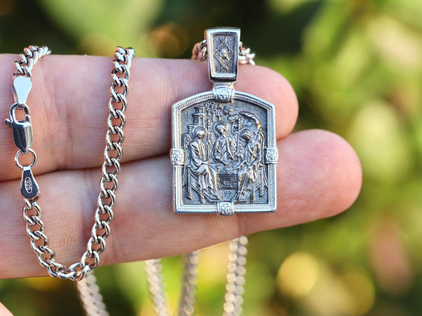 Medalla de la Santísima Trinidad, medalla bizantina, plata de ley 925, Santísima Trinidad bíblica, Yahvé se aparece a la medalla de Abraham, icono de Rublev de la Trinidad