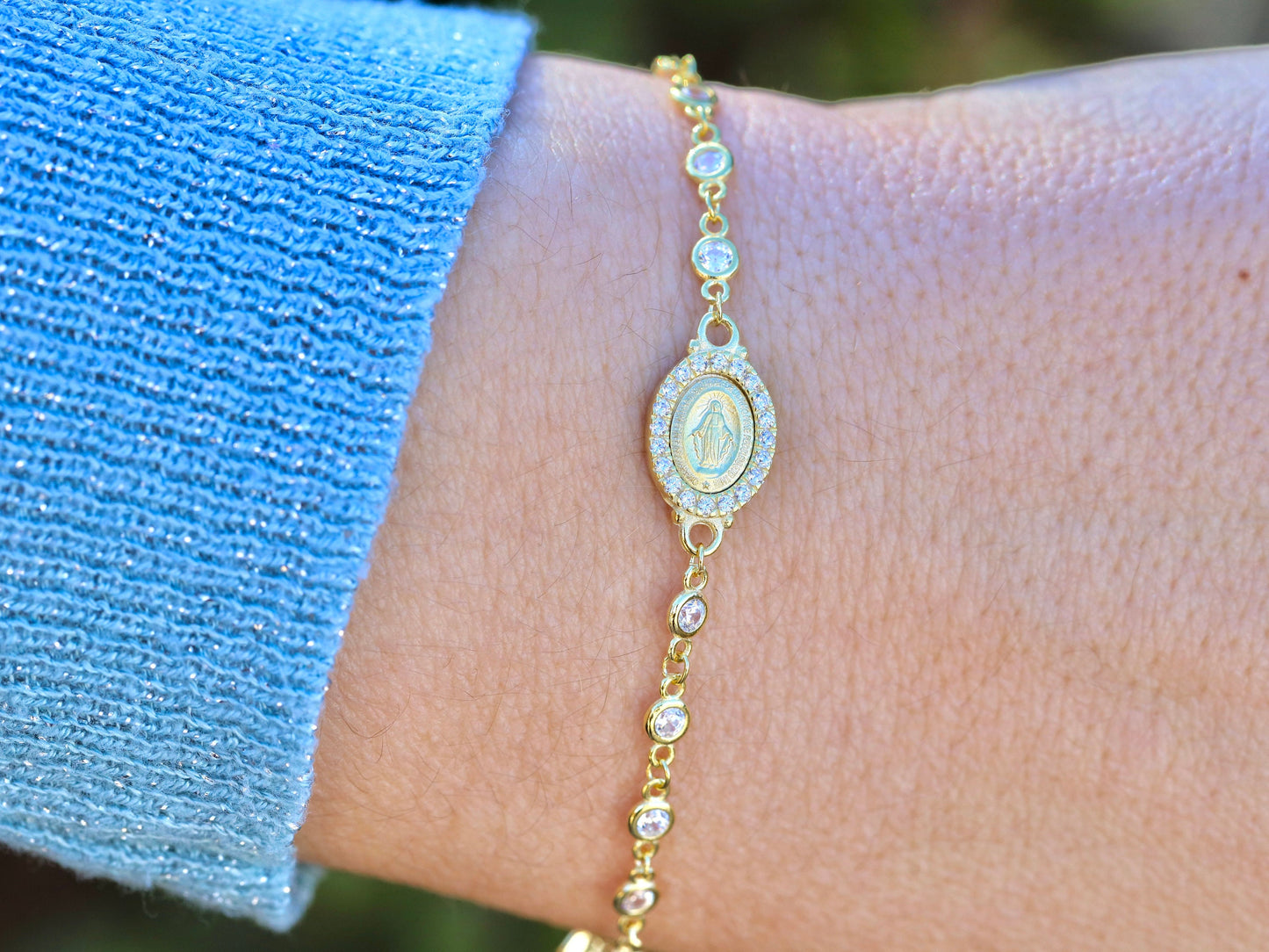 Pulsera de rosario chapada en oro, pulsera de plata de ley 925, pulsera Medalla Milagrosa para adolescente, delicada pulsera de circonio cúbico para mujer