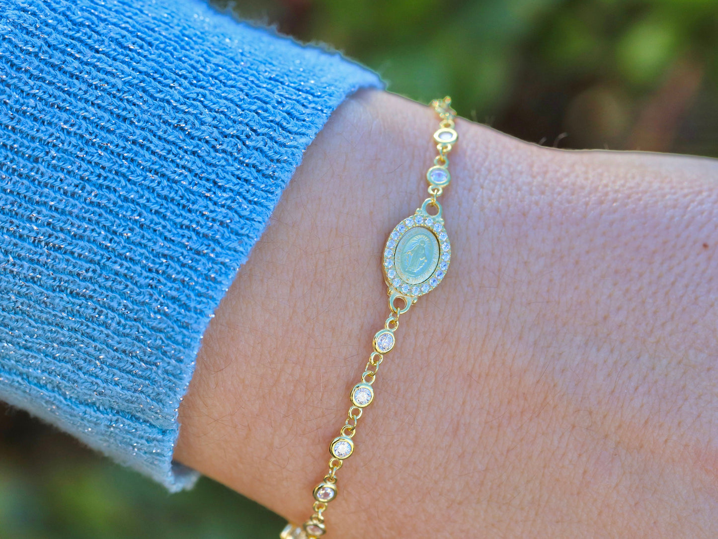 Pulsera de rosario chapada en oro, pulsera de plata de ley 925, pulsera Medalla Milagrosa para adolescente, delicada pulsera de circonio cúbico para mujer