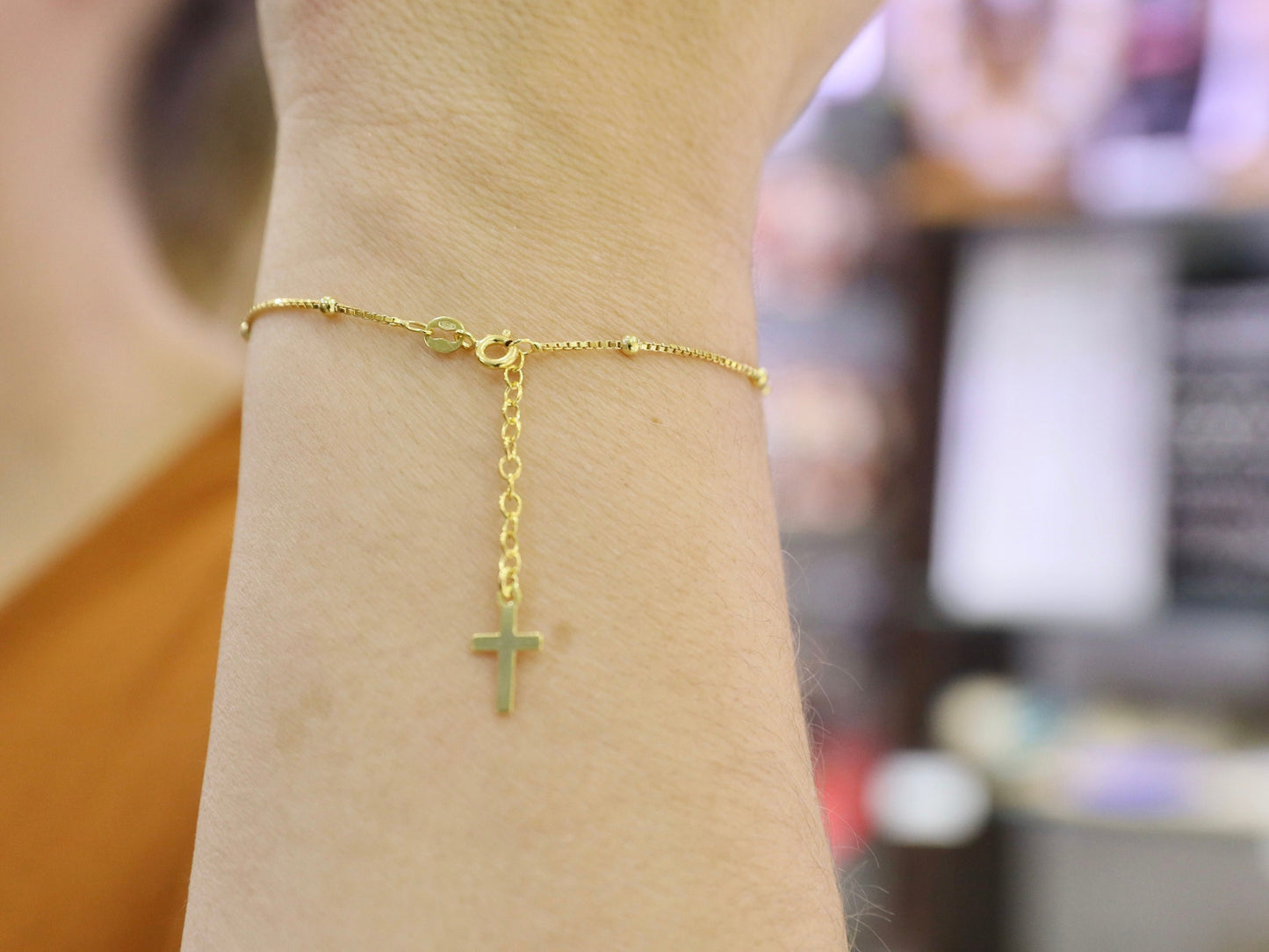 Pulsera de rosario simple, pulsera de rosario chapada en oro de plata de ley 925, rosario delicado para adolescentes, pulsera de rosario de estilo minimalista para mujeres