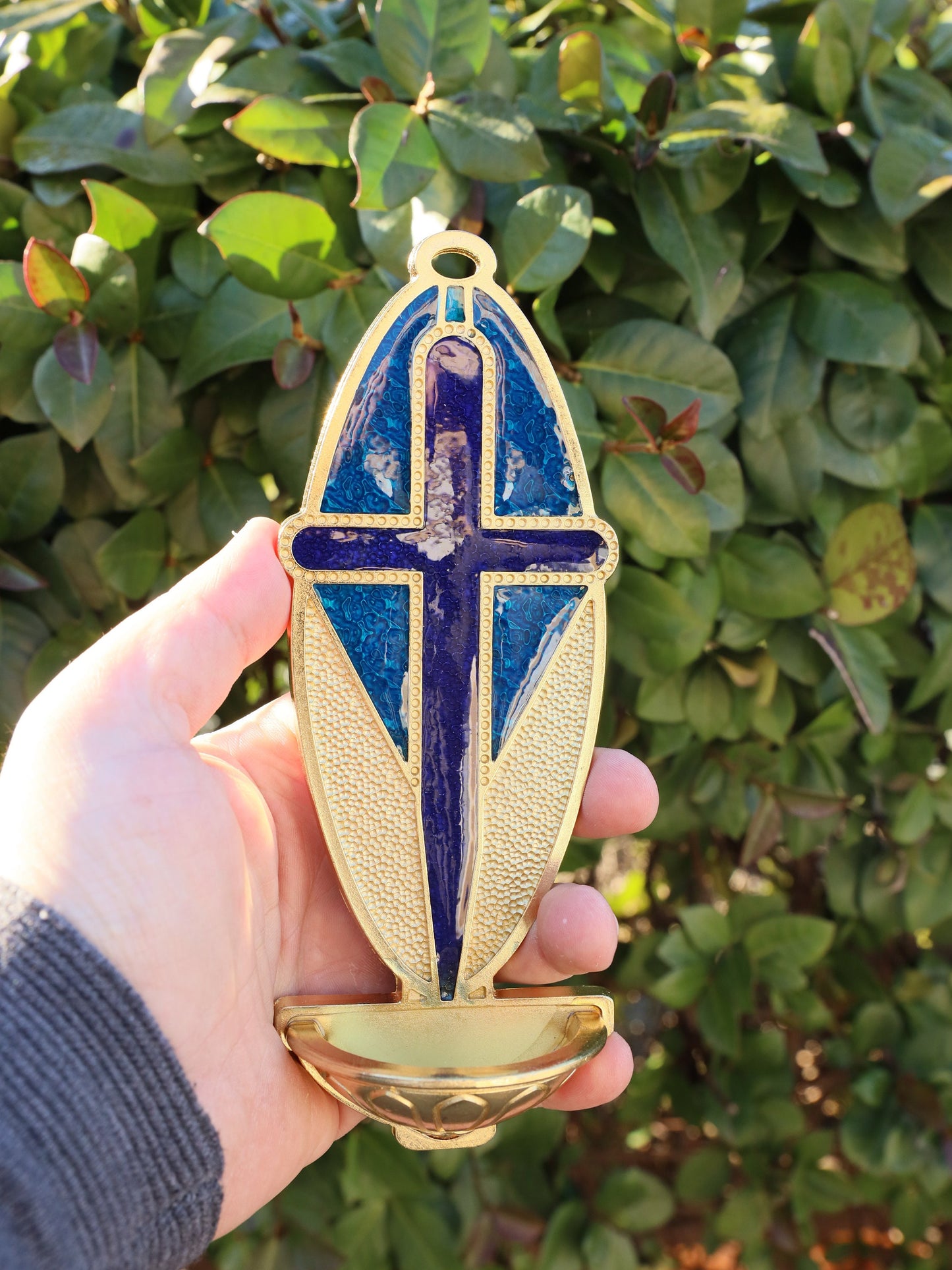 Water fountain for blessed water, Cross water fountain, gold plated water fountain, home altar fountain for holy water, metal water fountain