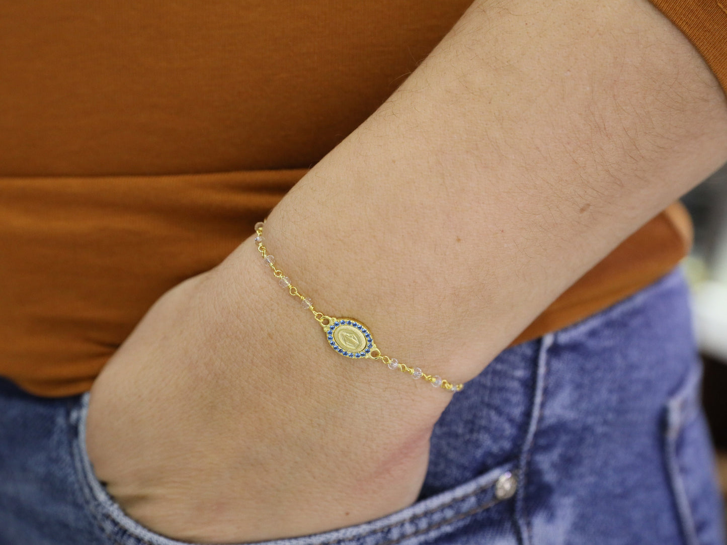 Pulsera de rosario Medalla Milagrosa, pulsera de plata de ley 925 chapada en oro, pulsera de rosario delicado, pulsera de rosario en miniatura para adolescentes