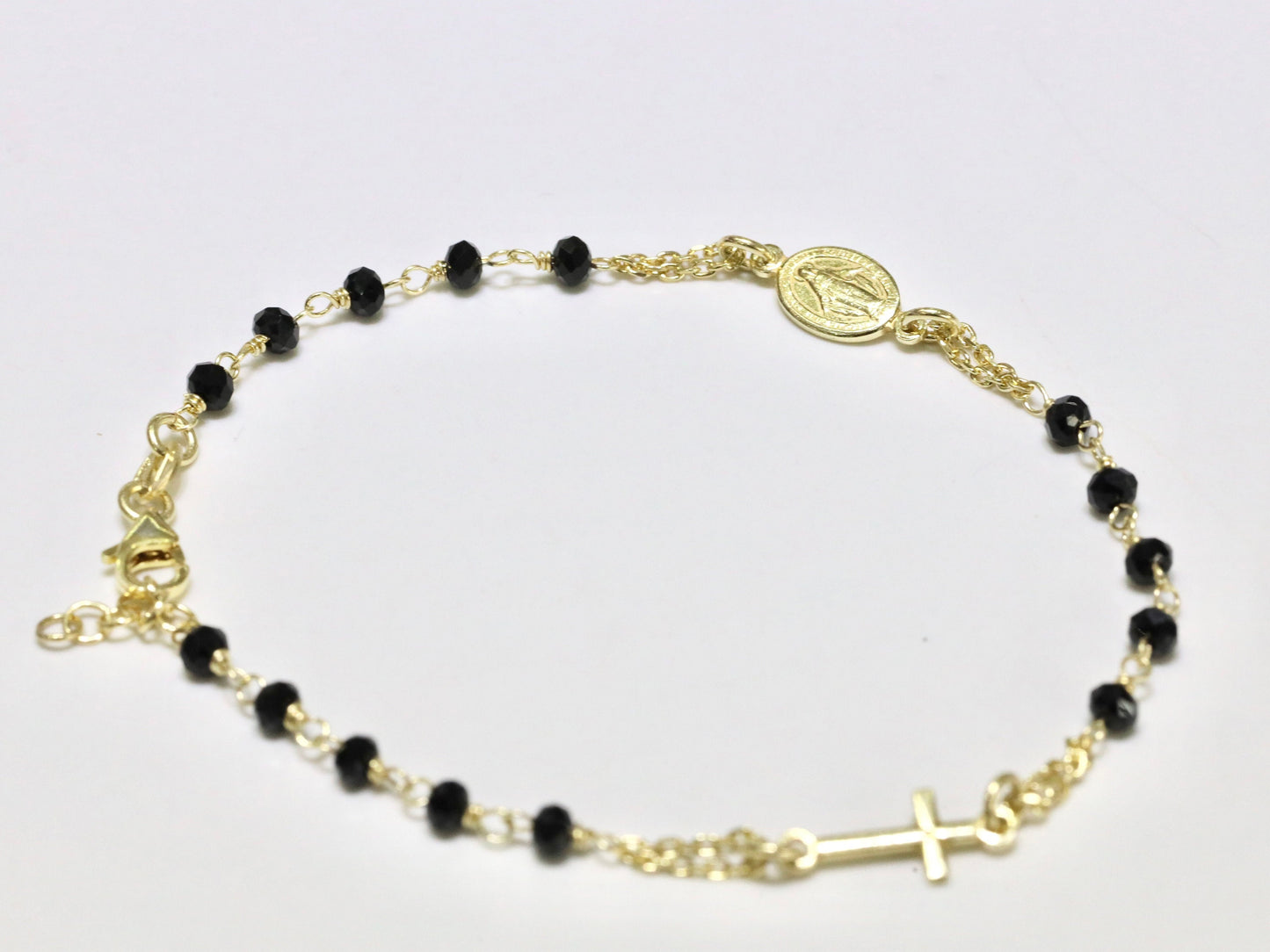 Pulsera rosario, pulsera Medalla Milagrosa de ónix negro, pulsera chapada en oro de plata de primera ley 925, pulsera rosario minimalista para adolescente,
