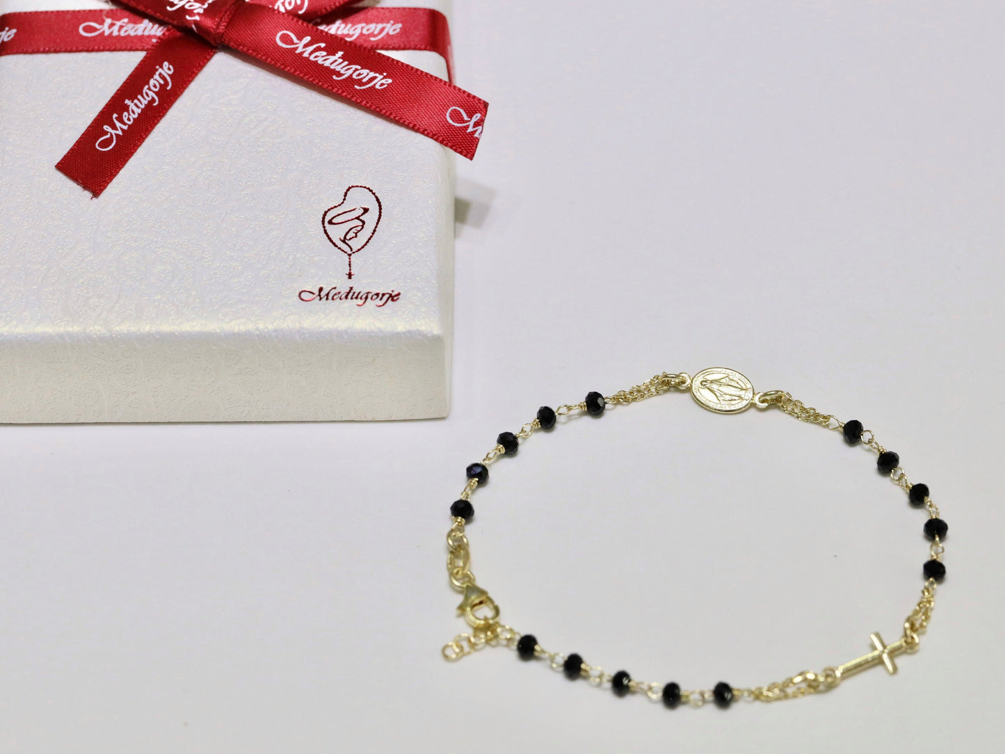 Pulsera rosario, pulsera Medalla Milagrosa de ónix negro, pulsera chapada en oro de plata de primera ley 925, pulsera rosario minimalista para adolescente,