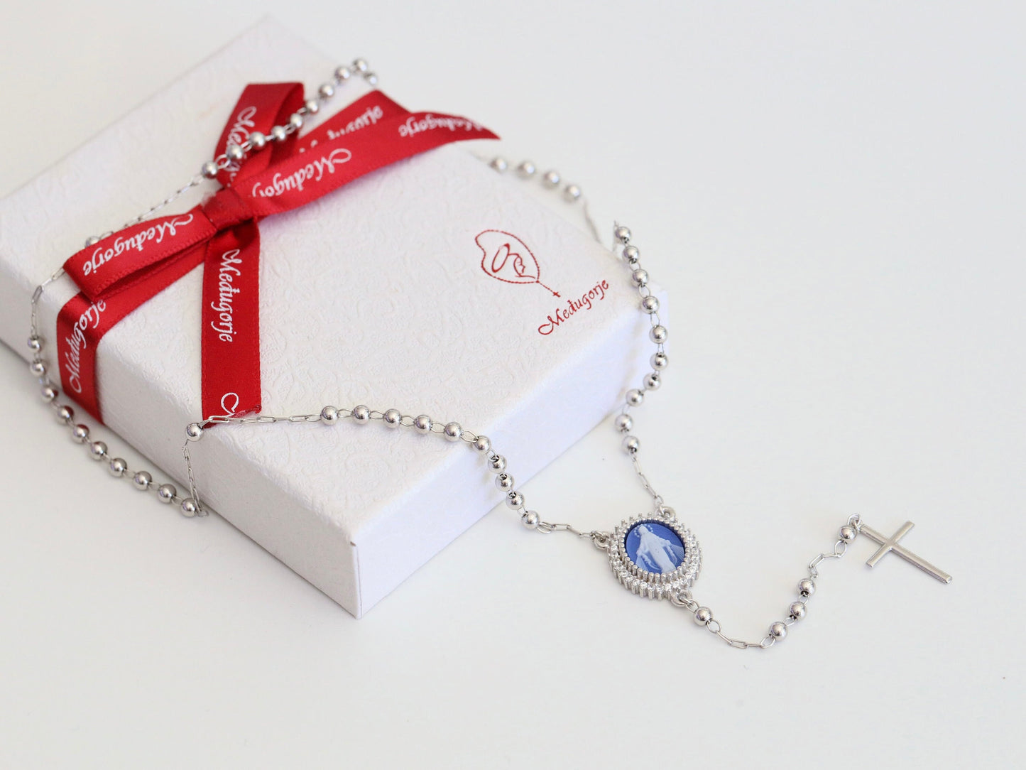 Collar de rosario, collar de plata de ley 925, collar de camafeo con Nuestra Señora, collar de rosario de 18 pulgadas, regalo para mujeres, collar de Nuestra Señora de Gracia