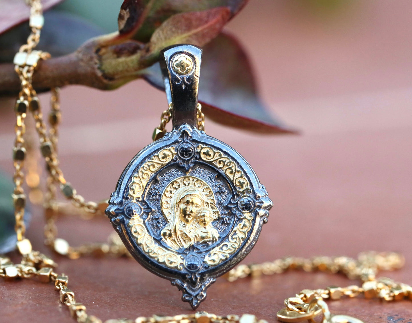 Virgin Mary with baby Jesus Medal, dainty sterling silver 925 medal, baroque style medal,Byzantine Christian medal,Jesus and Our Lady medal