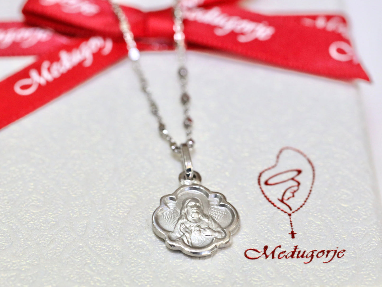 Miniature scapular pendant , sterling silver 925 scapular, flower shaped scapular medal, dainty scapular, miniature style Sacred Heart medal
