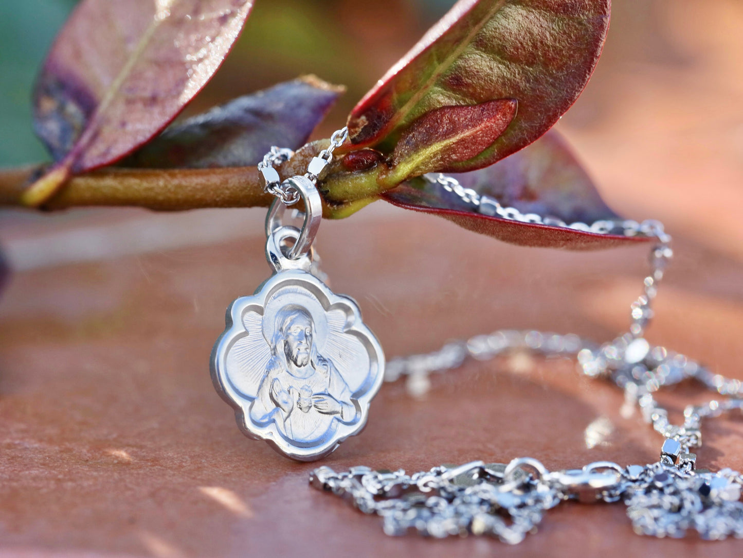 Miniature scapular pendant , sterling silver 925 scapular, flower shaped scapular medal, dainty scapular, miniature style Sacred Heart medal