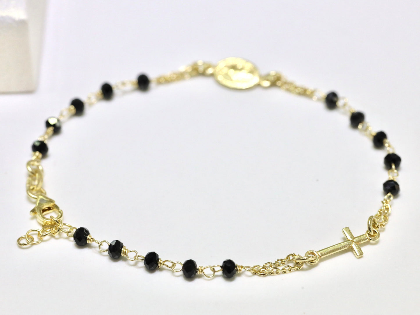 Pulsera rosario, pulsera Medalla Milagrosa de ónix negro, pulsera chapada en oro de plata de primera ley 925, pulsera rosario minimalista para adolescente,
