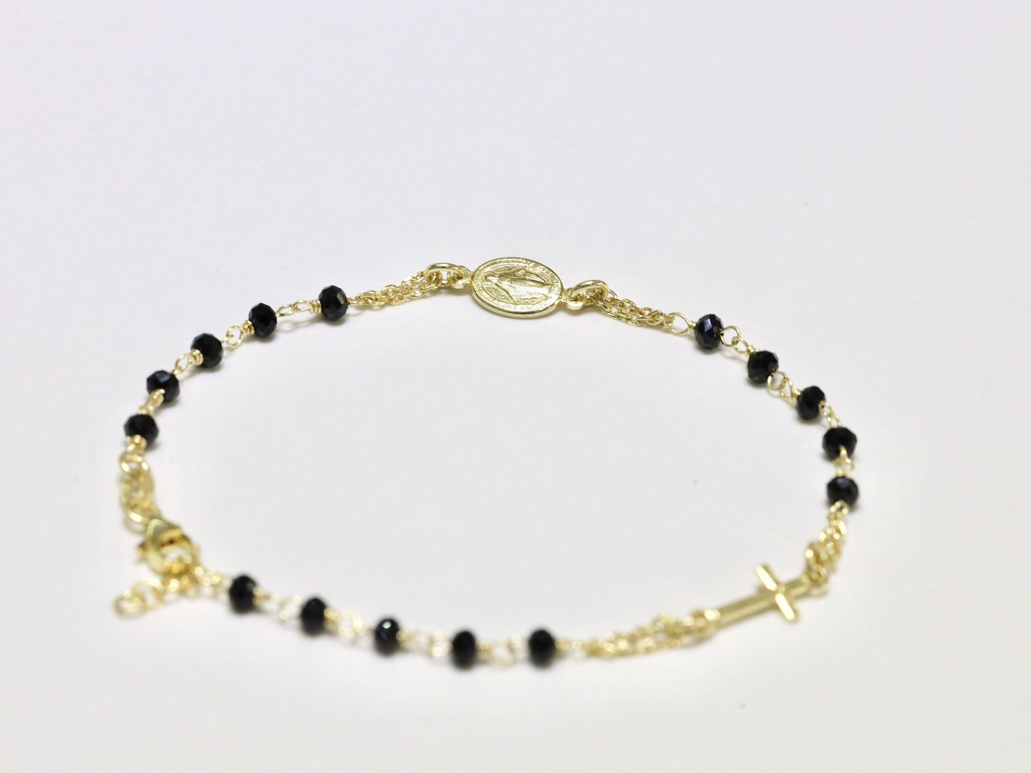 Pulsera rosario, pulsera Medalla Milagrosa de ónix negro, pulsera chapada en oro de plata de primera ley 925, pulsera rosario minimalista para adolescente,