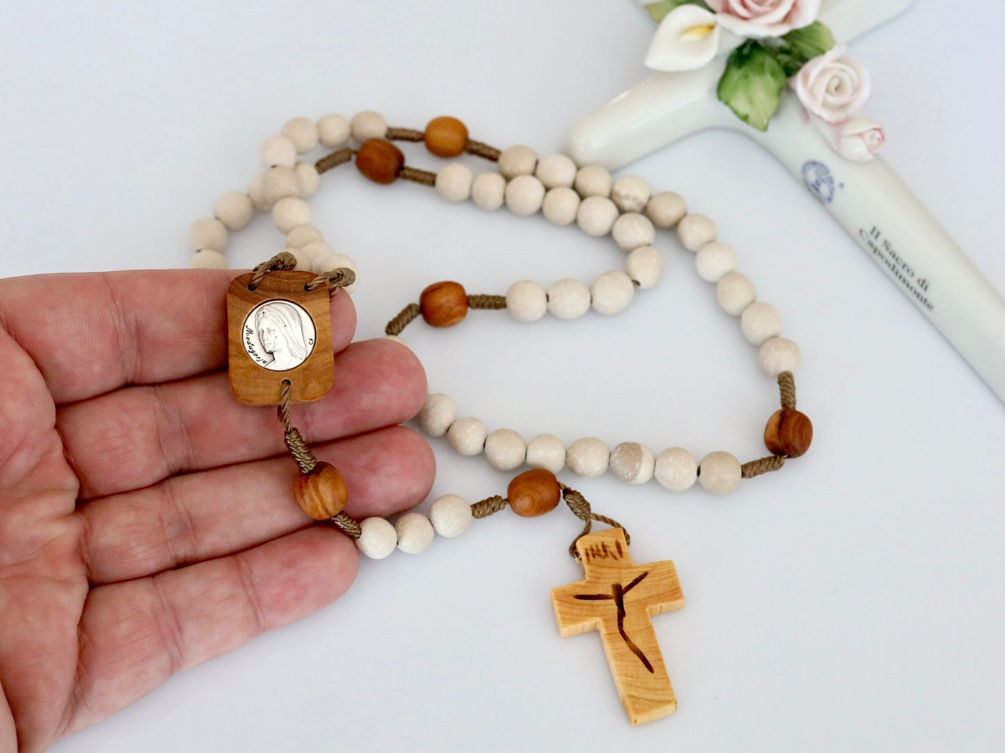 Wooden rosary, catholic rosary beads, natural stone rosary, Medjugorje rosary, Divine Mercy medal, Medjugorje medal, olive wood cross rosary