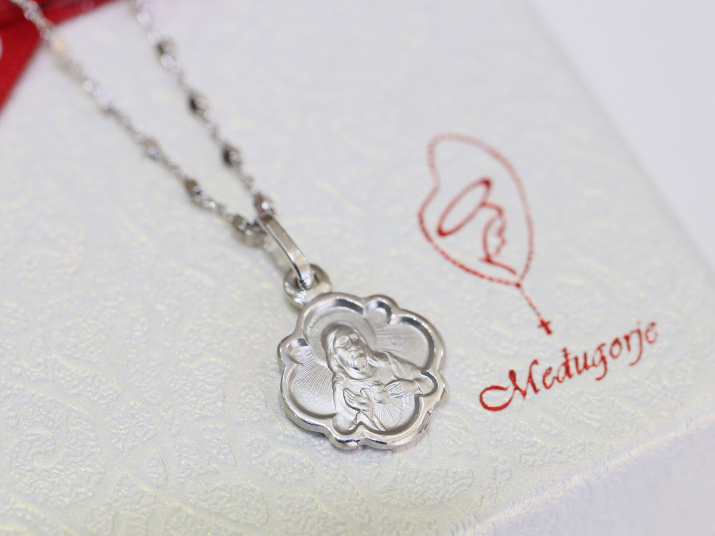 Miniature scapular pendant , sterling silver 925 scapular, flower shaped scapular medal, dainty scapular, miniature style Sacred Heart medal