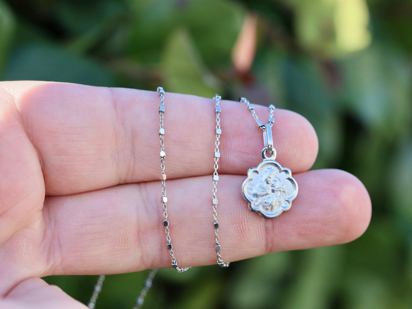 Miniature scapular pendant , sterling silver 925 scapular, flower shaped scapular medal, dainty scapular, miniature style Sacred Heart medal
