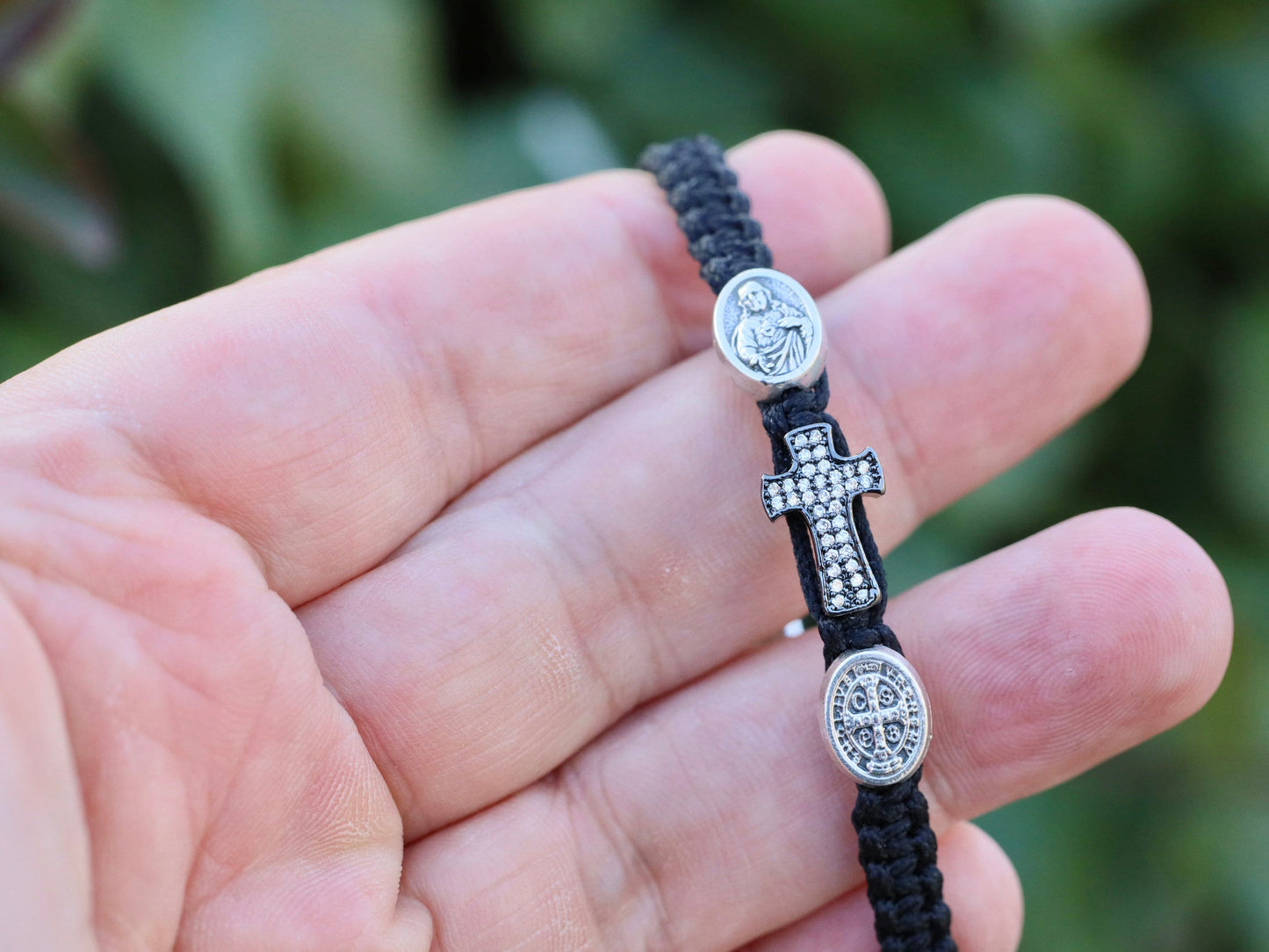 Bracelet with St benedict and scapular medal, cross bracelet with catholic saints, handmade bracelet, simple dainty bracelet with cross