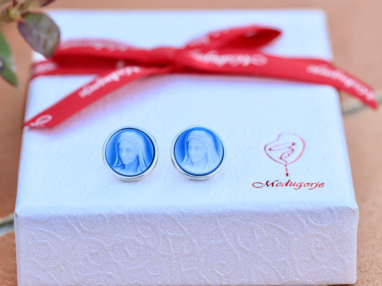 Dainty Virgin Mary earrings, sterling silver 925 blue cameo style earrings, miniature earrings of Our Lady, small earrings for teenage girl