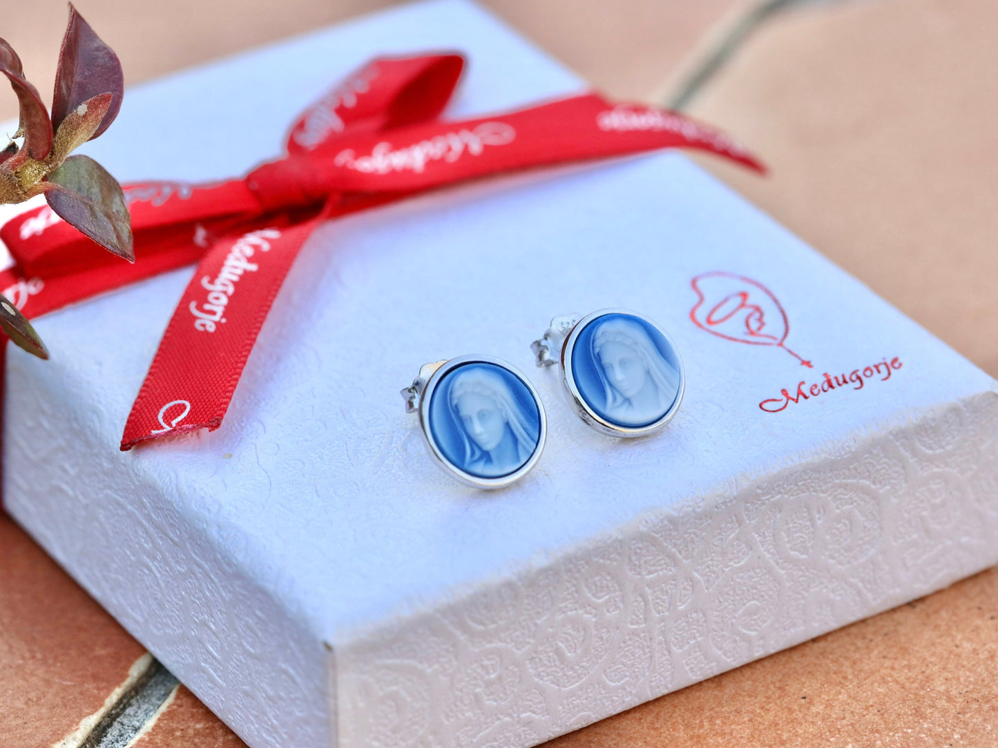 Dainty Virgin Mary earrings, sterling silver 925 blue cameo style earrings, miniature earrings of Our Lady, small earrings for teenage girl