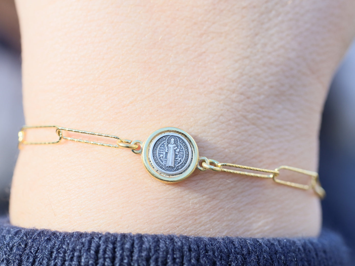 Pulsera St Benedict PAPERCLIP, plata de ley 925, pulsera Totus Tus, pulsera católica, 18 chapado en oro sobre plata, regalo para católicos