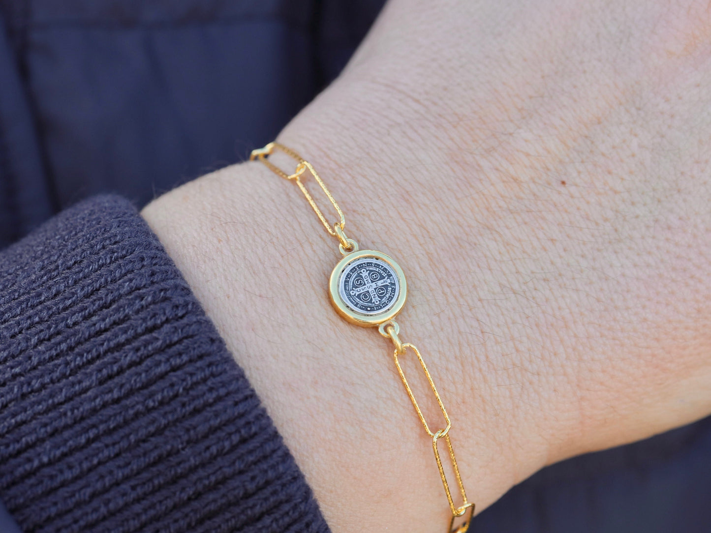 Pulsera St Benedict PAPERCLIP, plata de ley 925, pulsera Totus Tus, pulsera católica, 18 chapado en oro sobre plata, regalo para católicos