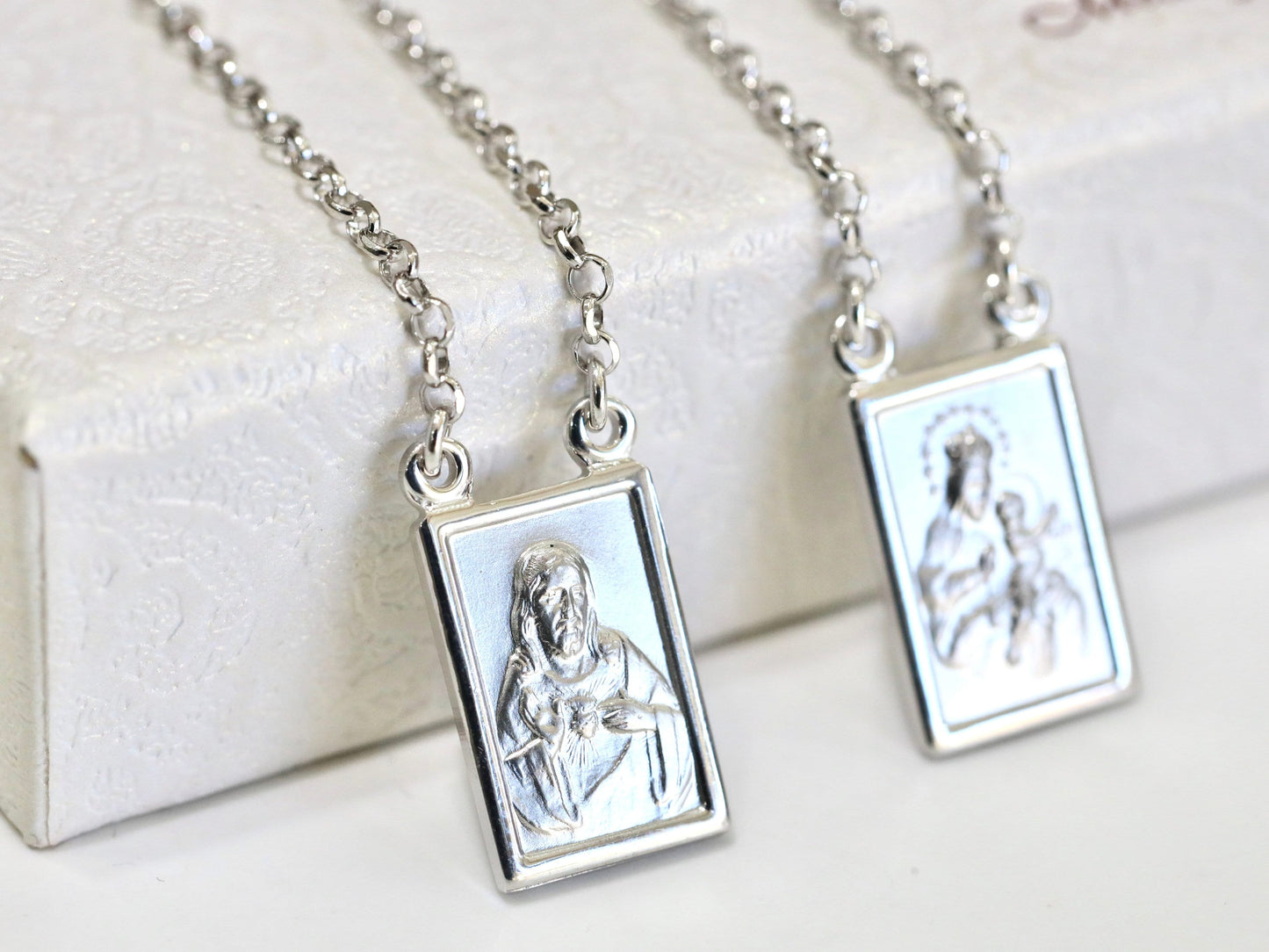 Collar medalla escapulario, plata de ley 925 sCollar Sagrado Corazón de Jesús y Nuestra Señora del Monte Carmelo, collar escapulario de alta calidad
