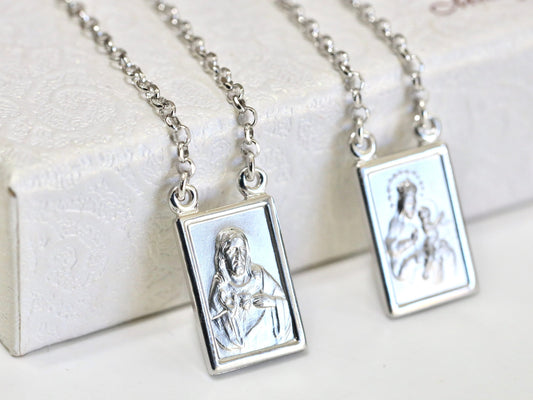 Collar medalla escapulario, plata de ley 925 sCollar Sagrado Corazón de Jesús y Nuestra Señora del Monte Carmelo, collar escapulario de alta calidad