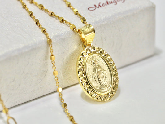 18 k gold plated Miraculous Medal, diamond cut mint medal, sterling silver 925 medal, catholic medal, gift for women, medium size medal