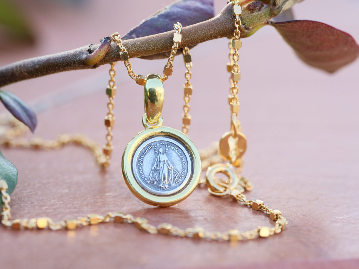 Miniature Miraculous Medal, sterling silver 925 Our Lady of Grace medal, catholic charm for teenage, dainty Miraculous Medal, two tone medal