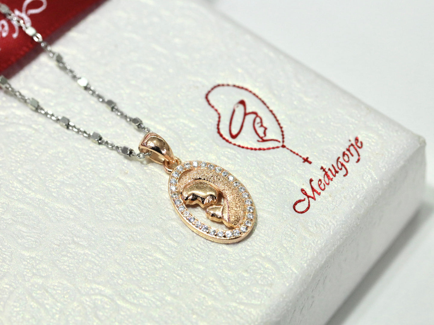 Miniature Virgin Mary pendant, sterling silver rode gold plated pendant, dainty medal for teenage girl, Our Lady catholic necklace for kids