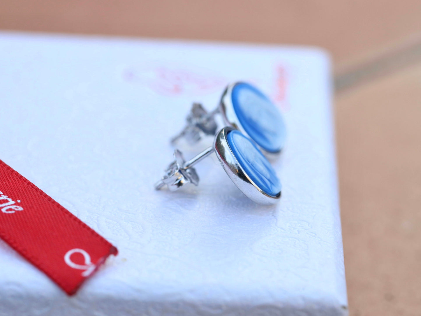 Dainty Virgin Mary earrings, sterling silver 925 blue cameo style earrings, miniature earrings of Our Lady, small earrings for teenage girl