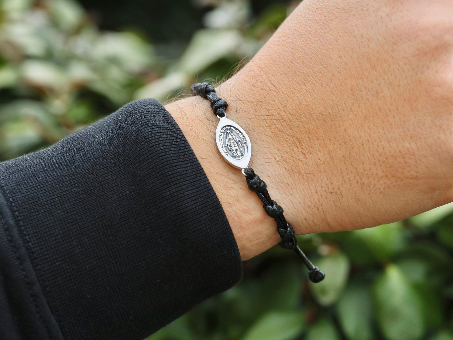 Pulsera Medalla Milagrosa, pulsera de plata de ley, pulsera de cordón negro para hombre, pulsera rosario, pulsera con nudos, pulsera católica