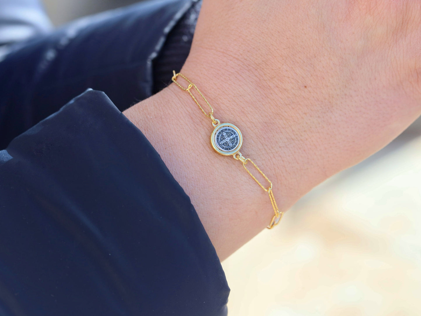 Pulsera St Benedict PAPERCLIP, plata de ley 925, pulsera Totus Tus, pulsera católica, 18 chapado en oro sobre plata, regalo para católicos