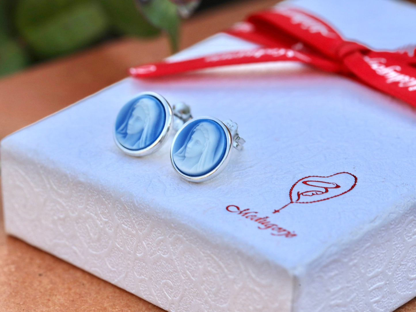 Dainty Virgin Mary earrings, sterling silver 925 blue cameo style earrings, miniature earrings of Our Lady, small earrings for teenage girl
